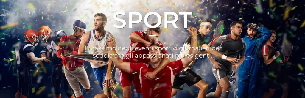 Celebrazione degli atleti di diverse discipline sportive con un banner dinamico che mette in risalto la scritta "SPORT" e coriandoli. L'immagine promuove i vari eventi sportivi quotidiani rivolti agli appassionati.