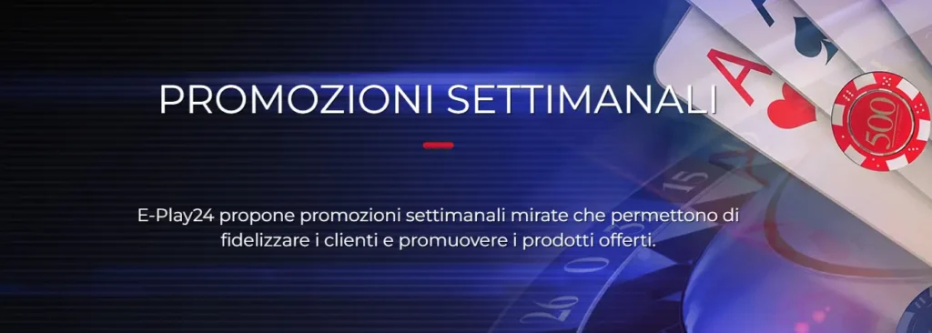 Un banner con testo relativo alle promozioni settimanali e simboli di gioco per informare gli utenti.