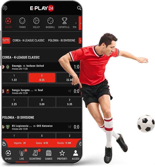 Smartphone showing E PLAY 24 football betting app and a soccer player to illustrate the interface and action.